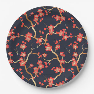 Crimson Plum Blossom Gold Bronze Navy Floral Paper Plate