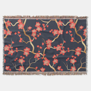 Crimson Plum Blossom Gold Bronze Navy Floral Throw Blanket