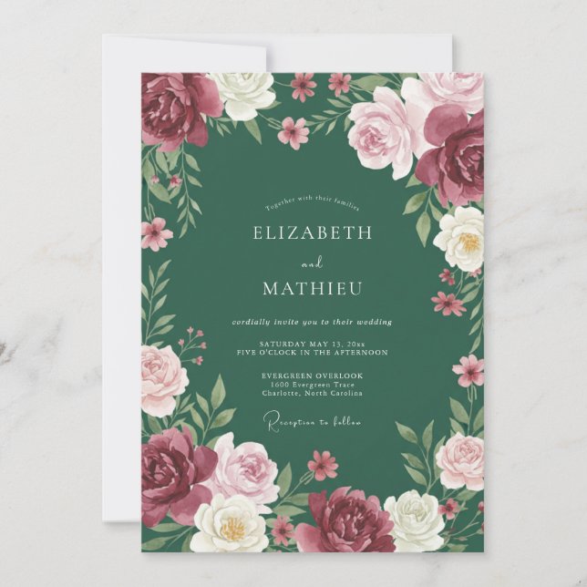 Crimson Plum Ranunculus Grey Eucalyptus Wedding Invitation (Front)