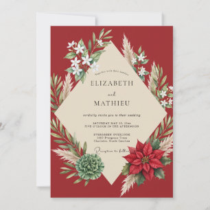 Crimson Poinsettia Winter Sage Wedding Invitation