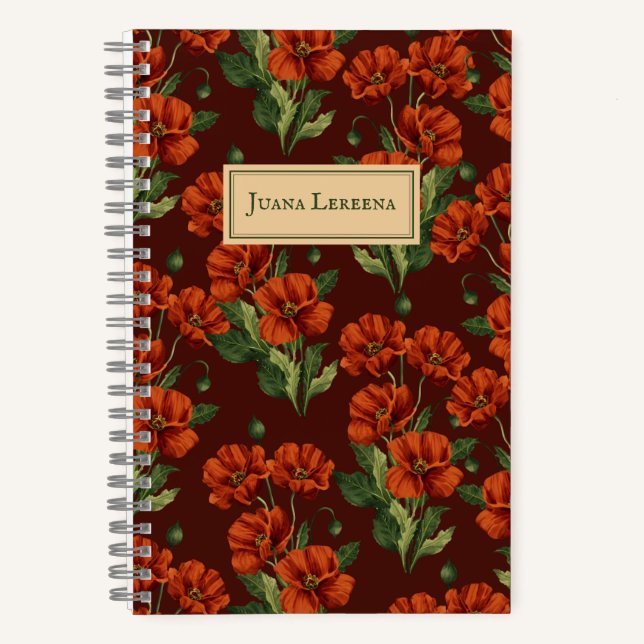 Crimson Poppies Dark Botanical Notebook (Front)