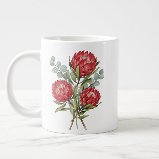 Crimson Protea Bouquet Watercolor Large Coffee Mug (Left)