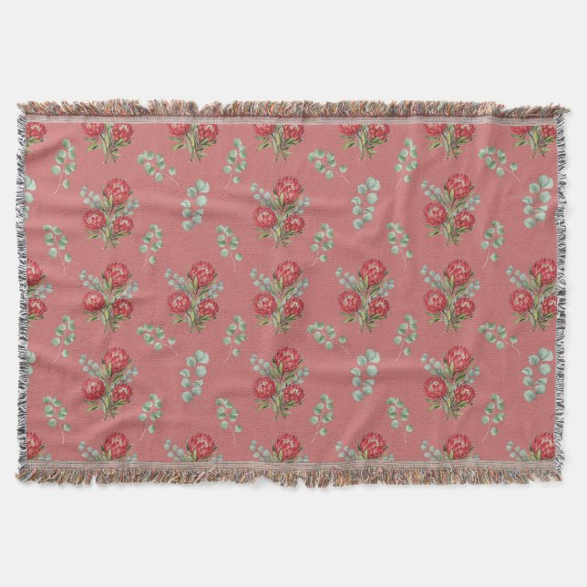 Crimson Protea Bouquet Watercolor Throw Blanket (Front)