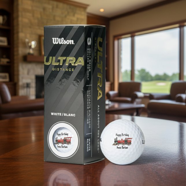 Crimson Rail Celebration Custom Red Train Birthday Golf Balls (Custom Red Steam Train Birthday Golf Balls)