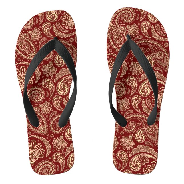 Crimson Red And Beige Creme Vintage Paisley Jandals (Footbed)