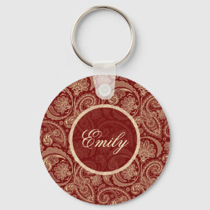 Crimson Red And Beige Creme Vintage Paisley Key Ring