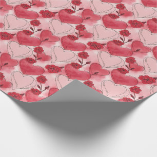 Crimson Red and Blush Pink Hearts and Roses  Wrapping Paper