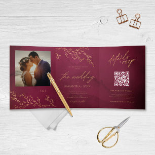 Crimson Red and Gold Botanical Elegant Wedding Tri-Fold Invitation