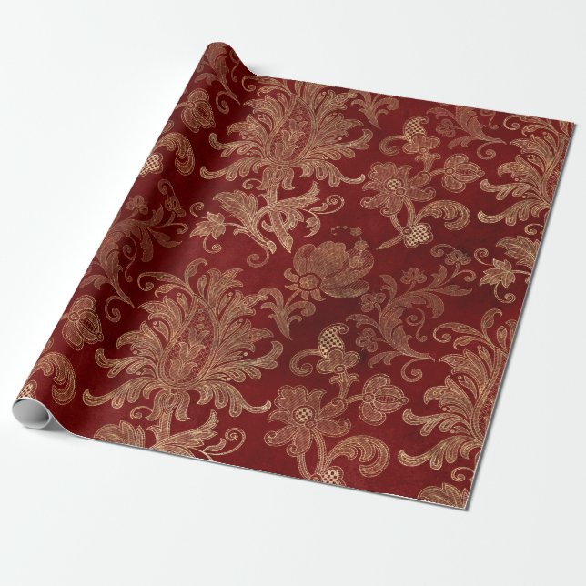 Crimson Red and Gold Vintage Damask Wrapping Paper (Unrolled)