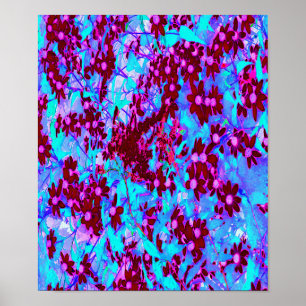 Crimson Red and Pink Wildflowers on Blue Poster
