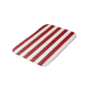 Crimson Red and White Stripes Bath Mat