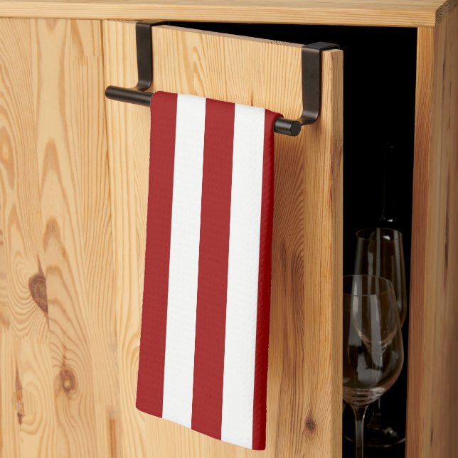 Crimson Red and White Stripes Tea Towel (Thirds Fold)