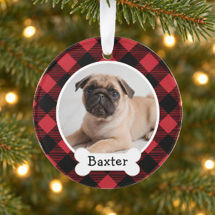 Crimson Red Buffalo Plaid Christmas Dog Photo Name Ornament