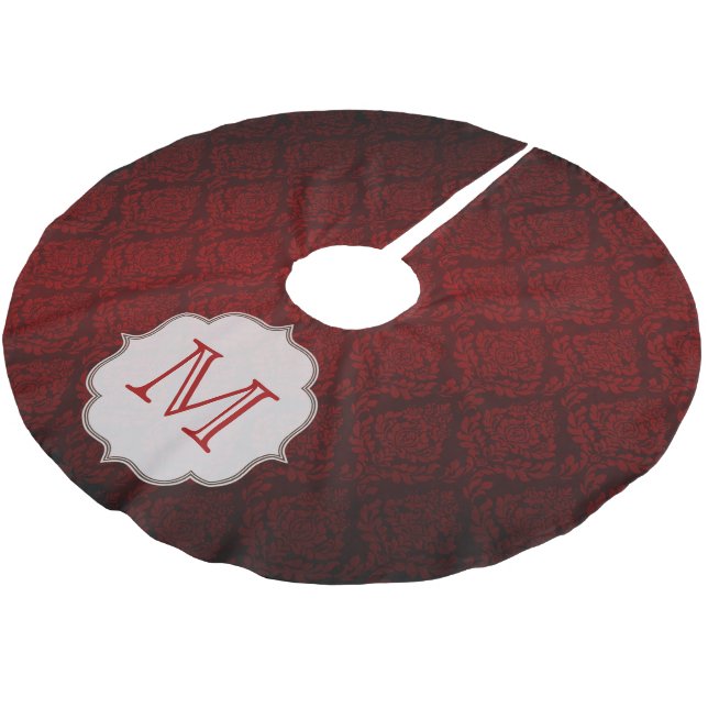 Crimson Red Damask Lac Monogram Initial Tree Skirt (Angled)