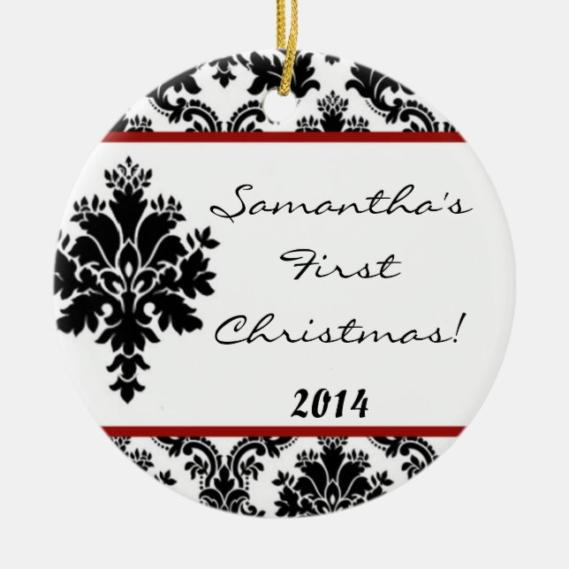 Crimson Red Damask Lace Personalised Name Ornament (Front)