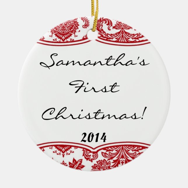 Crimson Red Damask Lace Personalised Name Ornament (Front)
