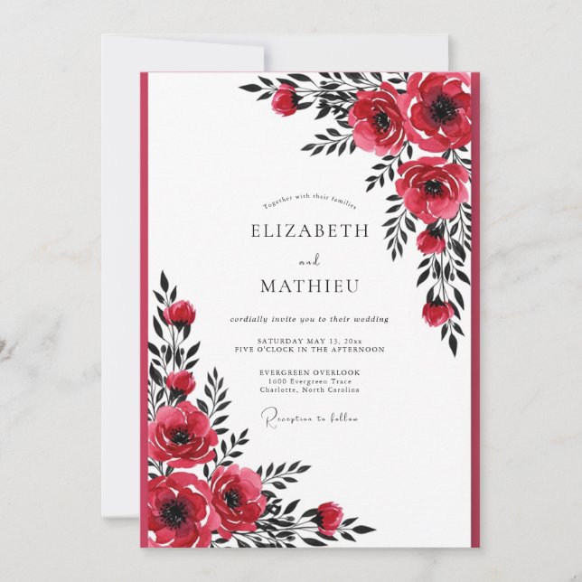 Crimson Red Dramatic Botanical Wedding Invitation (Front)
