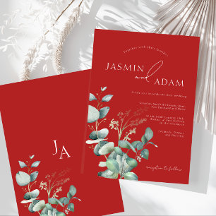 Crimson Red Eucalyptus Greenery Monogram Wedding Invitation