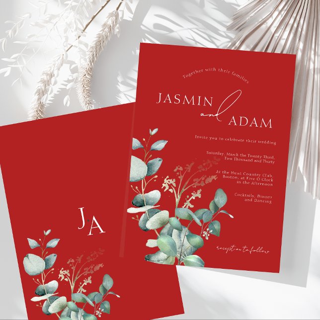 Crimson Red Eucalyptus Greenery Monogram Wedding Invitation (Crimson Red Eucalyptus Greenery Monogram Wedding Invitation)