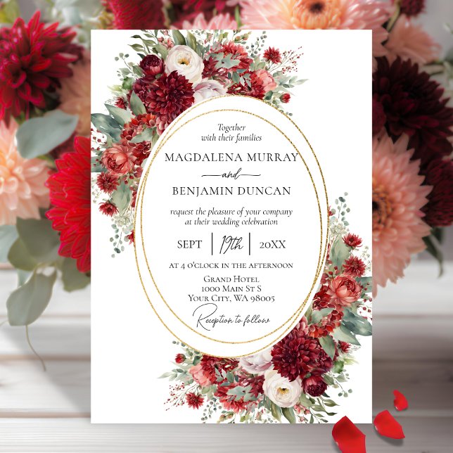 Crimson Red Floral Dahlia Oval Gold Frame Wedding Invitation (Creator Uploaded)