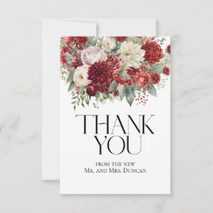 Crimson Red Floral Dahlia Wedding Simple Photo Thank You Card