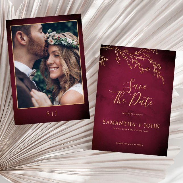 Crimson Red & Gold Botanical Elegant Photo Save The Date (Creator Uploaded)