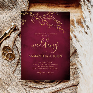 Crimson Red & Gold Botanical Elegant Wedding Invitation