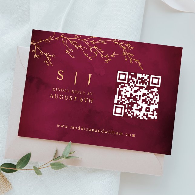 Crimson Red & Gold Botanical QR Code Wedding RSVP Card (Creator Uploaded)