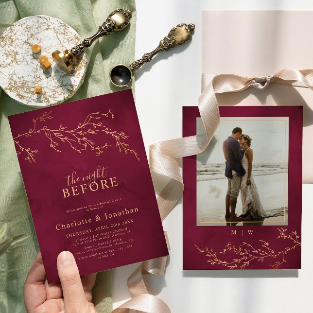 Crimson Red & Gold Botanical Rehearsal Dinner Invitation (Creator Uploaded)