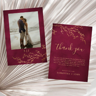 Crimson Red & Gold Botanical Wedding Photo Thank You Card