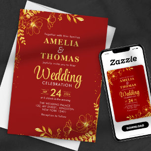 Crimson Red & Gold Floral Wedding Invitation