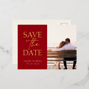 Crimson Red Gold Foil Photo Wedding Save The Date Holiday Postcard