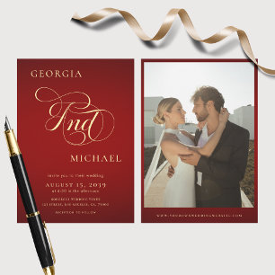 Crimson Red & Gold Script Modern Photo Wedding Invitation