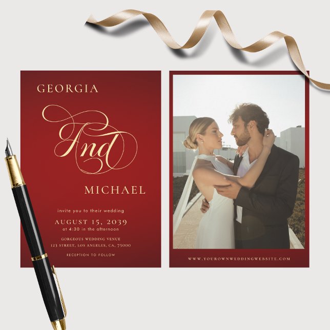 Crimson Red & Gold Script Modern Photo Wedding Invitation (Creator Uploaded)