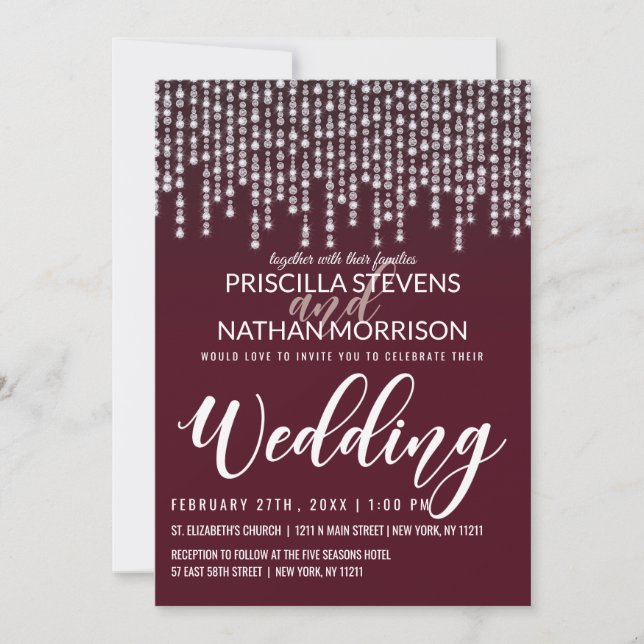 Crimson Red Hanging Diamond Lights Wedding Invitation (Front)