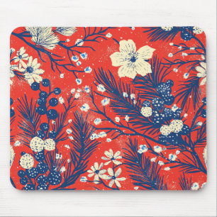 Crimson Red Indigo Winter Botanical Pattern Mouse Pad