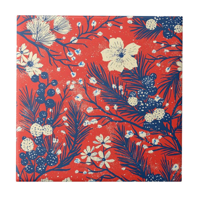 Crimson Red Indigo Winter Botanical Pattern Tile (Front)