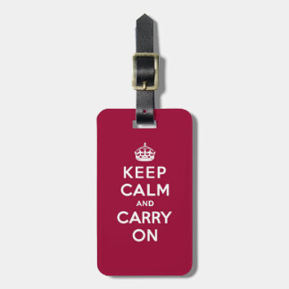 Crimson Red Keep Calm and Carry On (white text) Luggage Tag