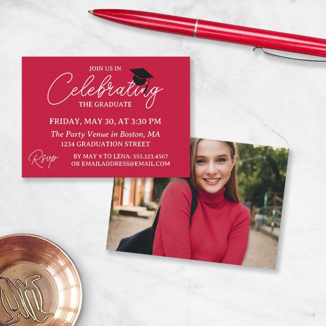 Crimson Red Photo Mini Graduation Party Invite (Creator Uploaded)