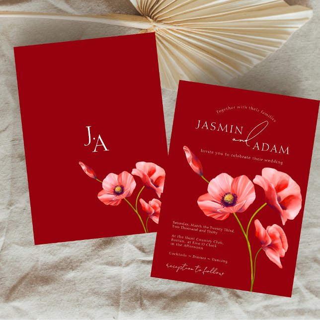 Crimson Red Poppies Monogram Wedding Invitation (Crimson Red Poppies Monogram Wedding Invitation)