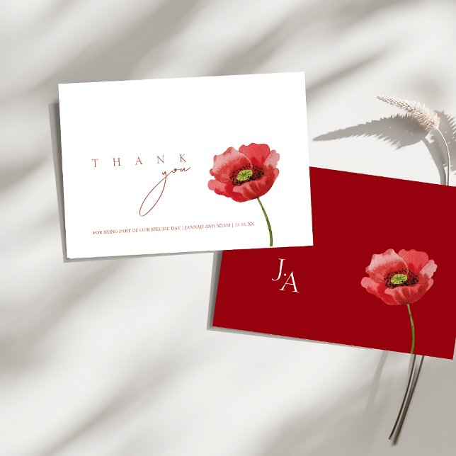 Crimson Red Poppy Floral Wedding Thank You Card (Crimson Red Poppy Floral Wedding Thank You Card)