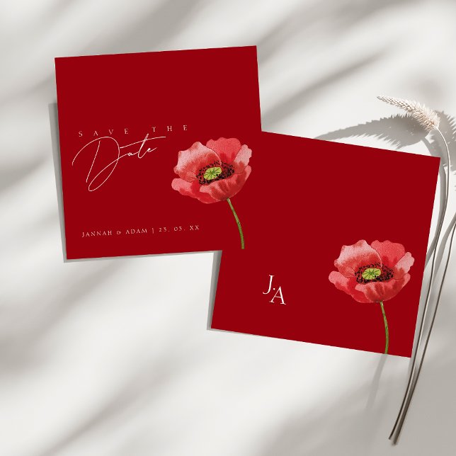 Crimson Red Poppy Monogram Wedding Save The Date (Crimson Red Poppy Monogram Wedding Save The Date)