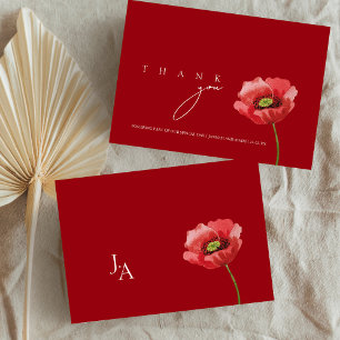 Crimson Red Poppy Monogram Wedding Thank You Card