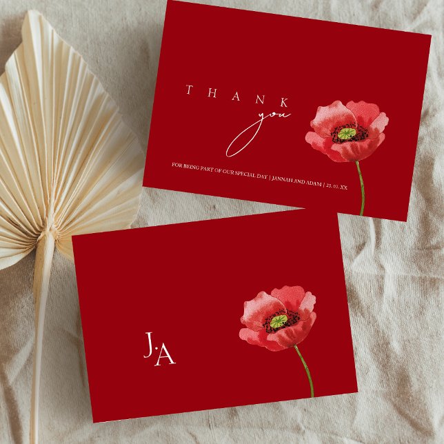 Crimson Red Poppy Monogram Wedding Thank You Card (Crimson Red Poppy Monogram Wedding Thank You Card)