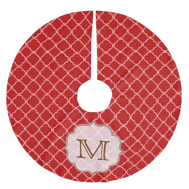 Crimson Red Quartefoil Monogram Initial Tree Skirt (Front)