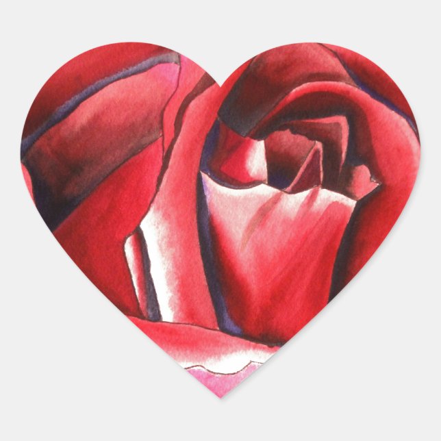 Crimson Red Rose original watercolor art Heart Sticker (Front)