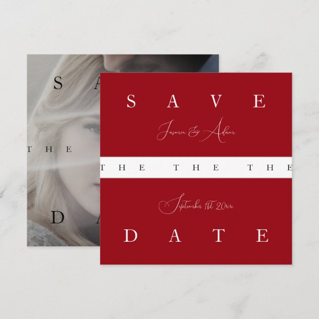 Crimson Red Script Photo Wedding Save The Date (Front/Back)