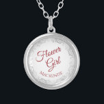 Crimson Red Script with Lace Border Flower Girl Silver Plated Necklace<br><div class="desc">This beautiful silver plated necklace is designed as a wedding gift or favour for your flower girls. It features an ornate silver grey lace border with the text "Flower Girl" written in fancy crimson red script lettering. There is space for her name below. Beautiful way to thank her for being...</div>