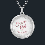 Crimson Red Script with Lace Border Flower Girl Silver Plated Necklace<br><div class="desc">This beautiful silver plated necklace is designed as a wedding gift or favour for your flower girls. It features an ornate silver grey lace border with the text "Flower Girl" written in fancy crimson red script lettering. There is space for her name below. Beautiful way to thank her for being...</div>