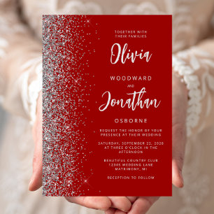 Crimson Red Silver Glitter Calligraphy Wedding Invitation